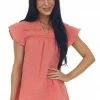 143 Story Coral V Neck Lace Trim Flutter Short Sleeve Top Tops