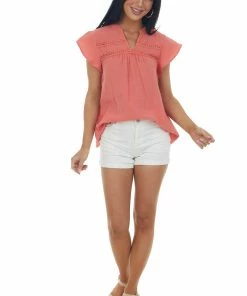 143 Story Coral V Neck Lace Trim Flutter Short Sleeve Top Tops