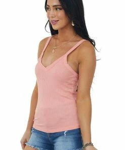 ZENANA Coral V Neck Stretchy Ribbed Fitted Tank Top Tops