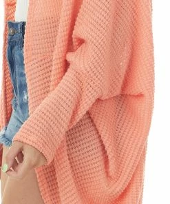 FSL APPAREL Coral Waffle Knit 3-4 Sleeve Cardigan With Cocoon Hem Bright & Colorful Tops