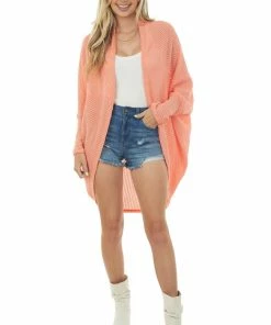 FSL APPAREL Coral Waffle Knit 3-4 Sleeve Cardigan With Cocoon Hem Bright & Colorful Tops