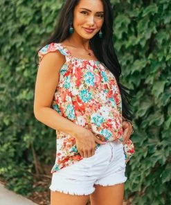 First Love Coral Floral Print Ruffle Short Sleeve Woven Top