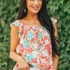 First Love Coral Floral Print Ruffle Short Sleeve Woven Top