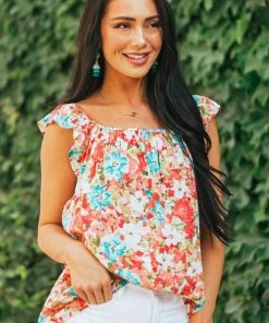 First Love Coral Floral Print Ruffle Short Sleeve Woven Top