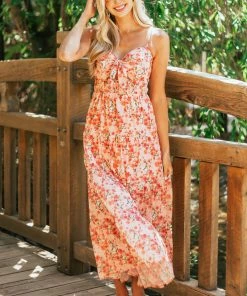 She + Sky Coral Floral Print Sweetheart Neck Maxi Dress Dresses