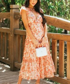 She + Sky Dresses Coral Floral Ruffle Tiered V Neck Midi Dress