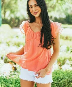 Andree Coral Iridescent Babydoll Blouse With Flutter Sleeves