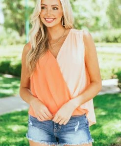 She + Sky Tops Coral And Peach Two Tone Surplice Woven Tank Top