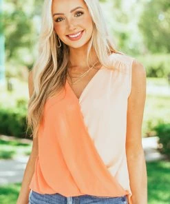 She + Sky Tops Coral And Peach Two Tone Surplice Woven Tank Top