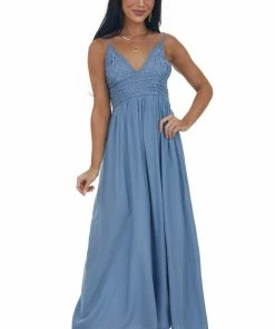 Cozy Co. Cornflower Crochet Bodice V Neck Woven Maxi Dress 9 Cozy Co. Cornflower Crochet Bodice V Neck Woven Maxi Dress