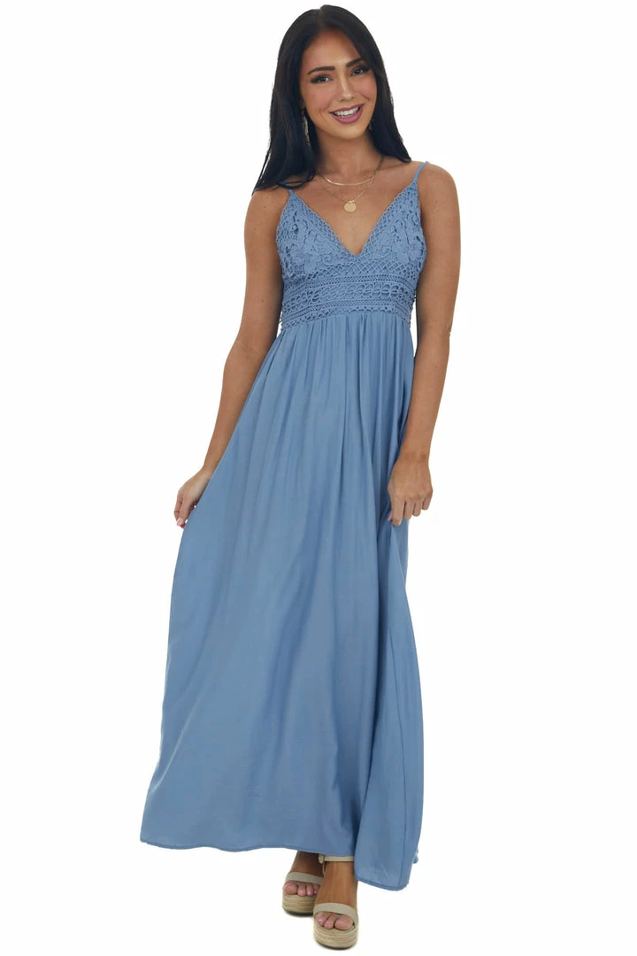 Cozy Co. Cornflower Crochet Bodice V Neck Woven Maxi Dress 3 Cozy Co. Cornflower Crochet Bodice V Neck Woven Maxi Dress