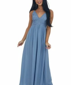 Cozy Co. Cornflower Crochet Bodice V Neck Woven Maxi Dress 10 Cozy Co. Cornflower Crochet Bodice V Neck Woven Maxi Dress