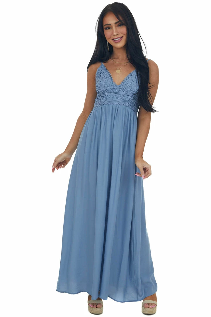 Cozy Co. Cornflower Crochet Bodice V Neck Woven Maxi Dress 5 Cozy Co. Cornflower Crochet Bodice V Neck Woven Maxi Dress