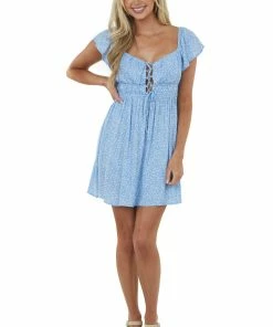 Lush Clothing Cornflower Ditsy Floral Short Ruffle Sleeve Dress Dresses