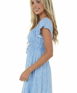 Lush Clothing Cornflower Ditsy Floral Short Ruffle Sleeve Dress Dresses