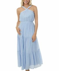 Allie Rose Cornflower Elastic Halter Neck Tiered Maxi Dress Dresses