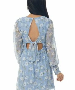 Lush Clothing Cornflower Floral Print Long Sleeve V Neck Short Dress Dresses