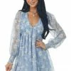 Lush Clothing Cornflower Floral Print Long Sleeve V Neck Short Dress Dresses