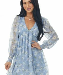 Lush Clothing Cornflower Floral Print Long Sleeve V Neck Short Dress Dresses
