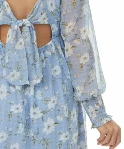 Lush Clothing Cornflower Floral Print Long Sleeve V Neck Short Dress Dresses
