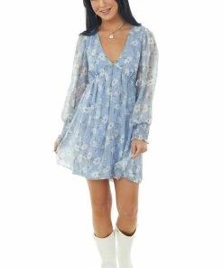 Lush Clothing Cornflower Floral Print Long Sleeve V Neck Short Dress Dresses