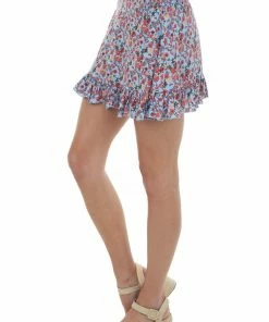 Umgee Bottoms Cornflower Floral Print Ruffle Hemline Mini Skirt
