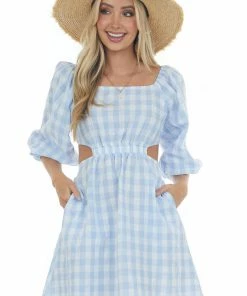 Umgee Cornflower Gingham Cut Out Puff Sleeve Dress Dresses