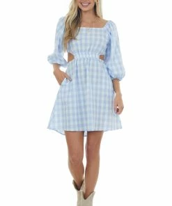 Umgee Cornflower Gingham Cut Out Puff Sleeve Dress Dresses