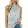 SugarFox Cornflower Paisley Print Sleeveless Halter Top Tops