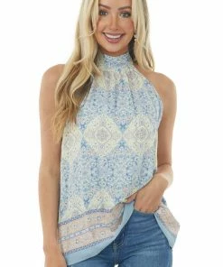SugarFox Cornflower Paisley Print Sleeveless Halter Top Tops