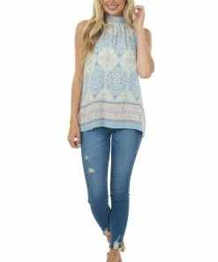 SugarFox Cornflower Paisley Print Sleeveless Halter Top Tops