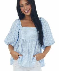 Sweet Lemon Tops Cornflower Plaid Bubble Sleeve Babydoll Blouse