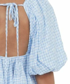 Sweet Lemon Tops Cornflower Plaid Bubble Sleeve Babydoll Blouse