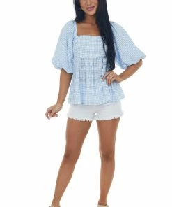 Sweet Lemon Tops Cornflower Plaid Bubble Sleeve Babydoll Blouse
