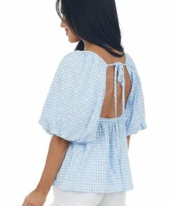 Sweet Lemon Tops Cornflower Plaid Bubble Sleeve Babydoll Blouse