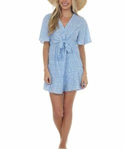 Very J Cornflower Printed Flutter Sleeve Button Dress Dresses