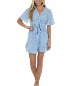 Very J Cornflower Printed Flutter Sleeve Button Dress Dresses