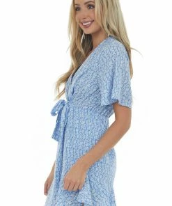 Very J Cornflower Printed Flutter Sleeve Button Dress Dresses