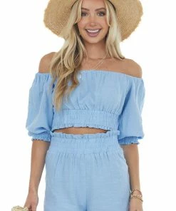Lush Clothing Cornflower Puff Sleeve Blouse And Shorts Set