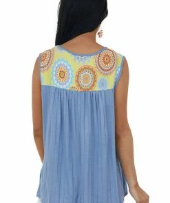 Haptics Tops Cornflower Ribbed Sleeveless Medallion Print Top