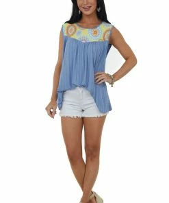 Haptics Tops Cornflower Ribbed Sleeveless Medallion Print Top