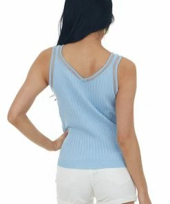 Hailey & Co Tops Cornflower Ribbed V Neck Tank Top With Mesh Trim