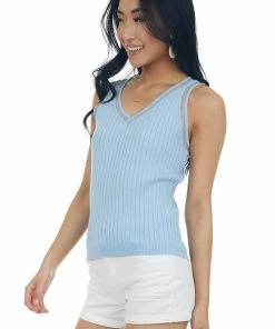 Hailey & Co Tops Cornflower Ribbed V Neck Tank Top With Mesh Trim