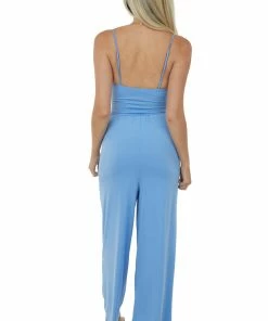 LIGHT SO SHINE Cornflower Ruched Front Cut Out Wide Leg Jumpsuit Dresses