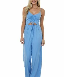 LIGHT SO SHINE Cornflower Ruched Front Cut Out Wide Leg Jumpsuit Dresses