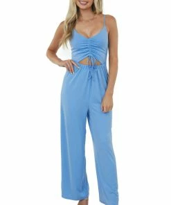 LIGHT SO SHINE Cornflower Ruched Front Cut Out Wide Leg Jumpsuit Dresses
