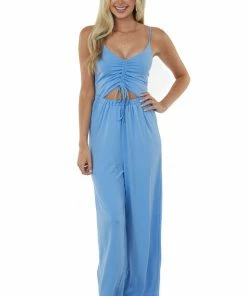 LIGHT SO SHINE Cornflower Ruched Front Cut Out Wide Leg Jumpsuit Dresses
