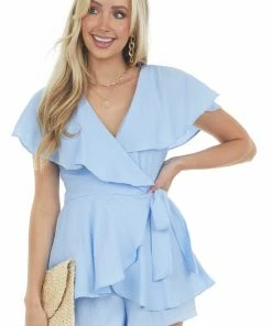 Do + Be Cornflower Surplice Ruffle Open Back Romper Dresses