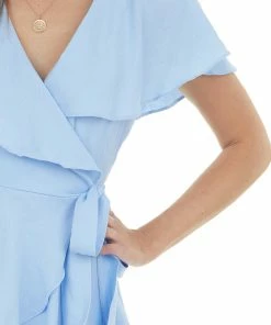 Do + Be Cornflower Surplice Ruffle Open Back Romper Dresses