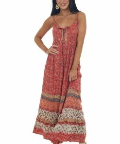 ANGIE Cranberry Floral Print Sleeveless Maxi Dress Dresses